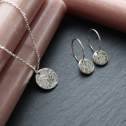 Hammered Disc Set, Necklace and Earring Sterling Silver